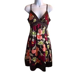 Y2K Retro Women’s M Heart Soul Multi Brown Pink V-Neck Floral Satiny Dress EUC
